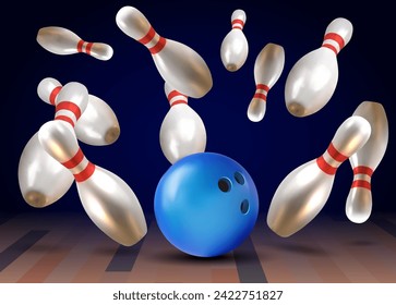 Realistic bawling ball with pins.3d bawling pins.Realistic bowling theme eps 10