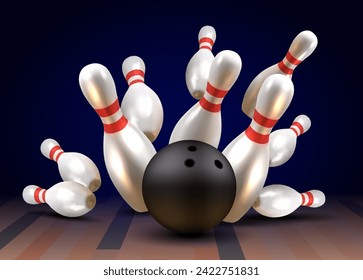 Realistic bawling ball with pins.3d bawling pins.Realistic bowling theme eps 10