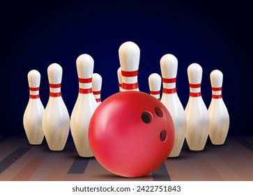 Realistic bawling ball with pins.3d bawling pins.Realistic bowling theme eps 10