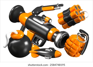 Realistic bazooka, dynamite, bomb, grenade, rocket, gun. Vector game composition