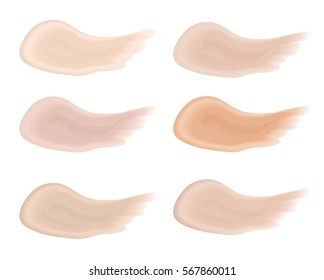 Realistic bb cream strokes set. Multicolored palette splashes skin tone, Foundation Make Up. Isolated on white background. Vector illustration