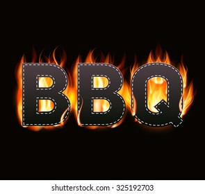 Realistic BBQ Fire Label on Dark Background Vector Illustration EPS10