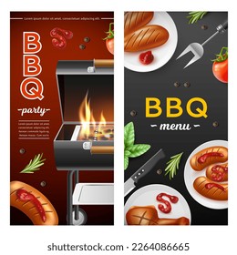 Realistic bbq grill vertical banners. Fried sausages and meat, tomato sauce, barbecue party posters, menu cover, burning coals, open flame, 3d isolated elements, utter vector concept set