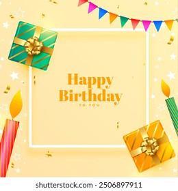 realistic bday giftbox and candle for happy birthday festive background vector