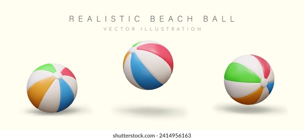 Realistic beach ball in different positions. Travel and vacation concept during summer season. Vector illustration in 3d style with shadow and place for text