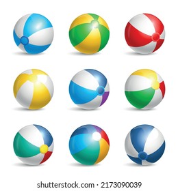 Realistic beach ball icon set nine isolated striped balls of different colors vector illustration