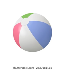 Realista bola de praia isolada em branco, esporte de verão jogando equipamentos. Vetor bola colorida para jogos de praia, borracha inflável listrada esfera, ilustração beachball inflada