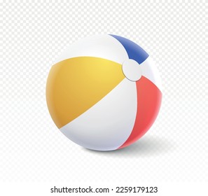 Balón de playa realista. Esfera de caucho brillante con partes rojas, azules, amarillas y blancas en el espacio de copia. Equipamiento para actividades al aire libre, símbolo de la temporada estival y de las vacaciones. Ilustración vectorial 3D