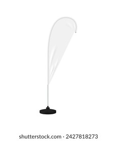 Realistic beach flag, banner stand. Isolated 3d vector portable, lightweight teardrop-shaped display for outdoor use. It features a tall pole and canvas surface for promotional events and branding