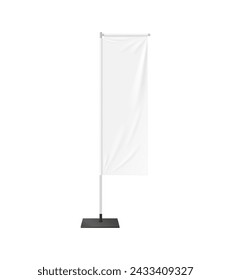 Realistic beach flag, banner stand, isolated 3d vector blank mockup for events and promotions. Lightweight, portable design for easy setup. Creative display to attract attention and convey messages