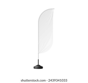 Bandera de playa realista o banner blanco para publicidad, maqueta en blanco vectorial. Bandera de playa en forma de pluma, arco o lágrima, y soporte en el poste para la promoción comercial o exhibición de promoción