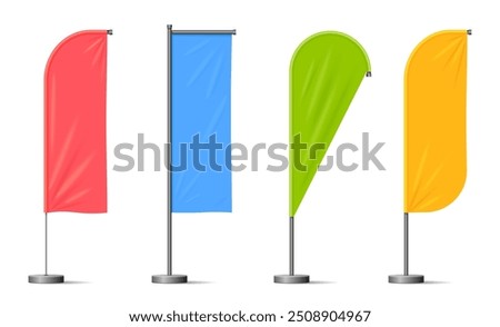 Realistic beach flags, banner stand isolated vector mockup.