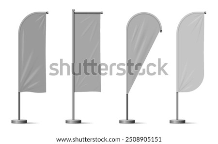 Realistic beach flags, banner stand isolated vector mockup.