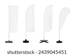 Realistic beach flags or banner stands, blank mockups of outdoor advertising, isolated vector. White beach flags, feather, bow or teardrop and rectangle banner stands on poles for promotion display