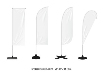 Realistic beach flags or banner stands, blank mockups of outdoor advertising, isolated vector. White beach flags, feather, bow or teardrop and rectangle banner stands on poles for promotion display