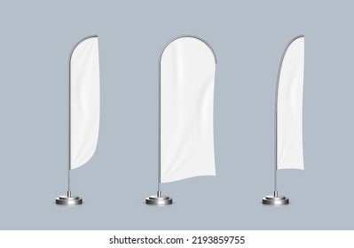 Realistic beach flags set. Template expo advertising banners with white canvas for branding and ads print isolated on gray background. Outdoors promotions bowflag. Vector illustration