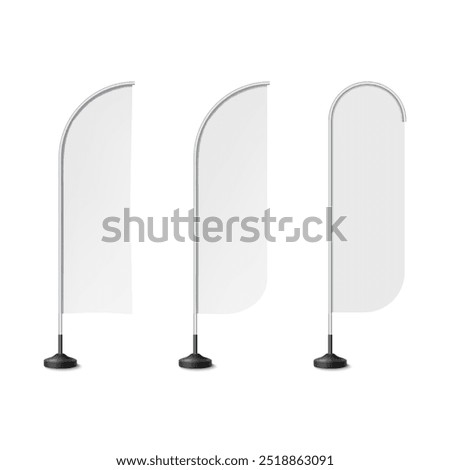Realistic beach flags, white banner stand isolated 3d vector mockup. textile waving advertisement banner flags.