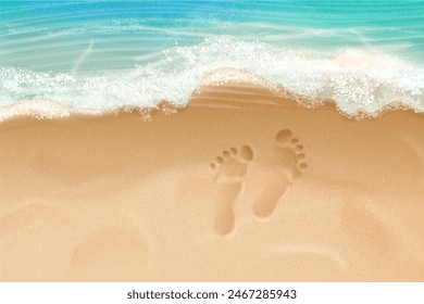 Realistische Strandfläche. Familienfußabdruck im Meeressand, Papa Sohn Mama Füße Tracks an der Küste, Sommersaison Reisen Urlaub Urlaub Konzept Vektorillustration von Fußabdruck menschlichen Strand