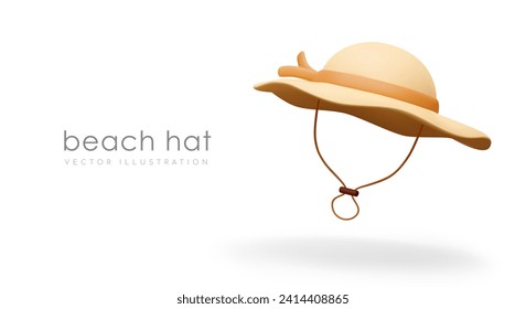 Realistic beach hat. Summer headdress with wide brims. Protection from sun. Safe walks in heat. Advertising for store of tourist summer accessories and clothing