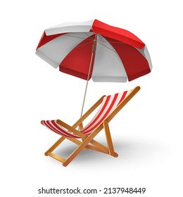 Realistic Beach Parasol Umbrella And Chaise Longue For Vacation. Recliner Chair Under Sunshade Awning. 3d Summer Relaxation Vector Concept. Red And White Striped Protection And Deck Chair For Rest