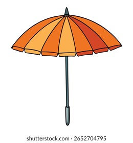 Um guarda-chuva de guarda-sol de praia realista com tecido largo e colorido e polo resistente, lançando a sombra fresca na areia quente sob o sol brilhante do verão pela brisa do oceano.
