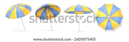 Realistic beach parasol, various views. Vector umbrella with circular canopy of cloth on folding metal frame supported by central rod. Protection against rain or sunshine. Making shade for resting