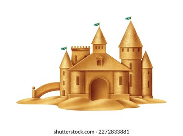 Realistic beach sand castle front view on white background vector illustration