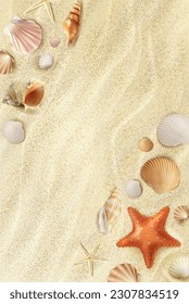 Realistic beach seaside, top view of seashells and starfish on sand, vector summer background. Ocean beach seaside with realistic sea shells and starfish on sand, tropical nature and beach top view