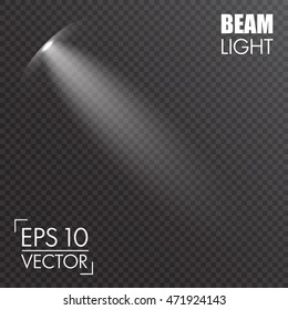 Realistic beam light on transparent background. Realistic white gray glowing spotlights set on transparent laid background. Theater studio, scene illumination.
