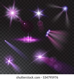 Realistic beam lights set on transparent background. Vector illustration