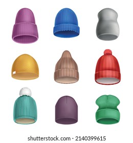 Realistic beanie hat icon set hats in different colors styles and sizes with pompon and flip flop vector illustration