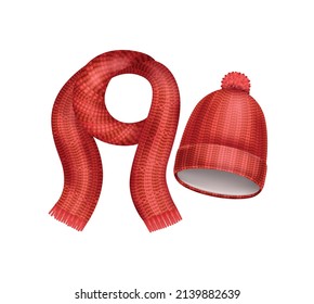 Realistic beanie hat scarf concept red knitted pair of cozy scarf and hat with pompon vector illustration