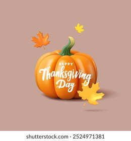 Realistic beautiful 3D pumpkin with falling autumn leaves and calligraphic text - Happy Thanksgiving. Banner for American traditional holiday advertising and celebration concepts. Vector illustration.