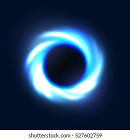 Realistic beautiful black hole. Bright cosmic vector background. Swirl and explosion object.