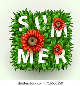Realistic beautiful flower frame. Red flower banner. Summer or spring concept. Vector illustration