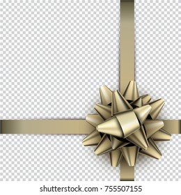 Realistic beautiful golden bow with ribbon for gift wrap. Vector illustration background.