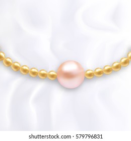 Realistic beautiful golden pearl tread with soft pink bead. Gold isolated on silky background. Can be used for web, weddings, advertisement. Vector illustration made with gradient mesh.