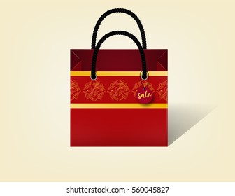 realistic beautiful illustration vector of red chinese dragon texture pattern shopping paper bag empty, chinese shopping bag design concept, chinese traditional texture design 