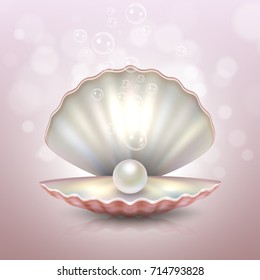 Realistic beautiful natural open sea pearl shell with reflection closeup on a pink blur background. Design template, clipart, icon or mockup in EPS10. Stock vector.