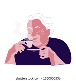 Realistic Beautiful Old Woman with Cup of coffee. A hot beverage Concept for Restaurants and coffee shops. Flat Art Vector illustration