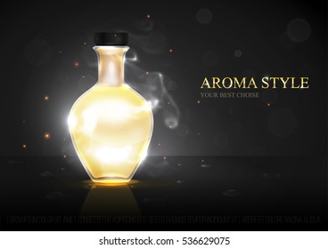 Hermosa botella de perfume realista aislada en fondo transparente. Plantilla, maqueta para anuncios, revista, publicidad, marca, impresión, portada. Ilustración vectorial 3d de moda. Eps 10.