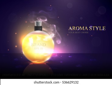 Realistic beautiful perfume bottle isolated on transparent glitter background. Template, mockup for ads, magazine, advertising, branding, print, cover. Fashion 3d vector illustration. Eps 10.