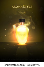 Realistic beautiful perfume bottle isolated on transparent glitter background. Template, mockup for ads, magazine, advertising, branding, print, cover. Fashion 3d vector illustration. Eps 10.
