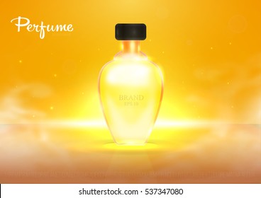 Realistic beautiful perfume bottle isolated on transparent glitter background. Template, mockup for ads, magazine, advertising, branding, print, cover. Fashion 3d vector illustration. Eps 10.