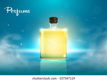 Realistic beautiful perfume bottle isolated on transparent glitter background. Template, mockup for ads, magazine, advertising, branding, print, cover. Fashion 3d vector illustration. Eps 10.