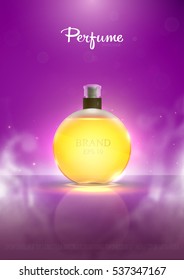 Realistic beautiful perfume bottle isolated on transparent glitter background. Template, mockup for ads, magazine, advertising, branding, print, cover. Fashion 3d vector illustration. Eps 10.
