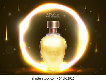 Realistic beautiful perfume bottle in neon circle. Template or mock up for ads, magazine, advertising, branding, print, cover. Fashion 3d vector illustration.