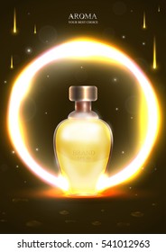 Realistic beautiful perfume bottle in neon circle. Template or mock up for ads, magazine, advertising, branding, print, cover. Fashion 3d vector illustration.