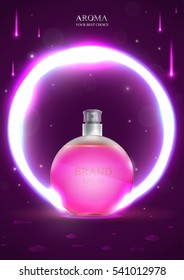 Realistic beautiful perfume bottle in neon circle. Template or mock up for ads, magazine, advertising, branding, print, cover. Fashion 3d vector illustration.