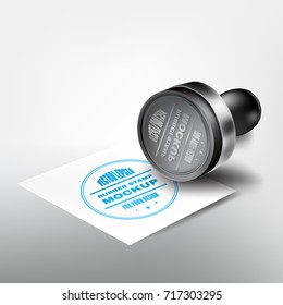 Realistic, beautiful rubber stamp mockup for your design. Rubber stamp with square paper sheet. Vector illustration